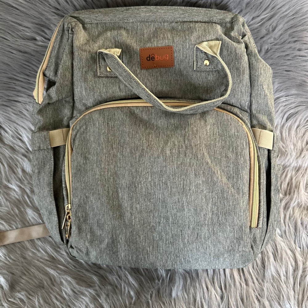Debug Backpack Diaper Bag With Changing Station Basinet Gray Multiple Pockets